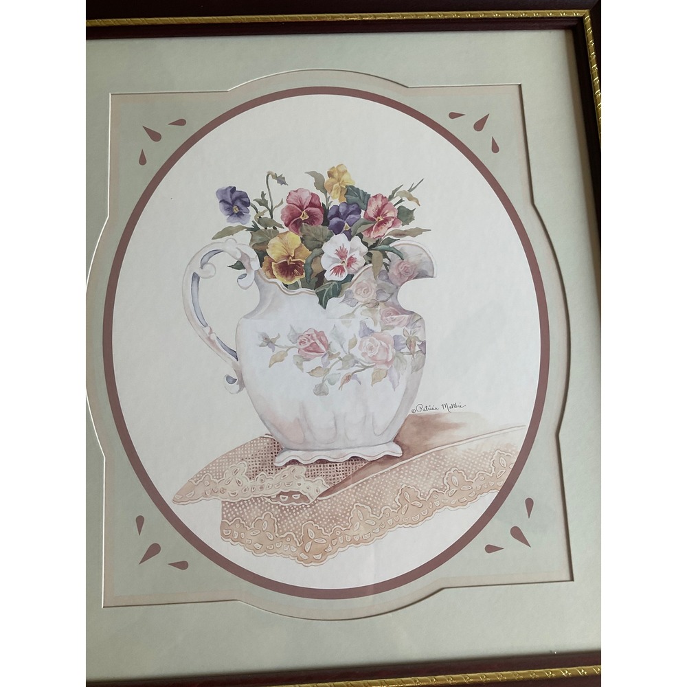Patricia Maltbie Floral Pansy Pitcher Framed Art Print Gold Burgundy 21.5"